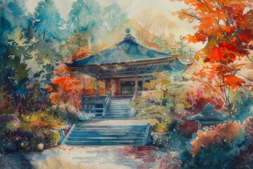 The watercolors of Ninnaji Temple are brightly colored to convey the serene beauty of Japan's ancient temples.