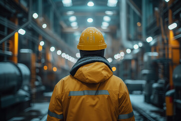 A man in a yellow jacket and a yellow helmet stands in a large industrial building. The man is wearing a reflective vest and a hard hat. Concept of safety and caution.