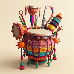 a unique and eye-catching drum set, adorned with colorful decorations and an intricate design. The arrangement of the drums appears as a piece of art, rather than just a simple musical instrument.