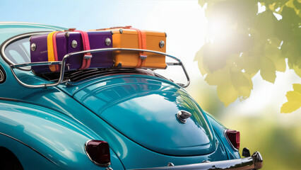 Classic Blue Car With Luggage on Roof, Ready for a Road Trip. Concept Freedom and Independence