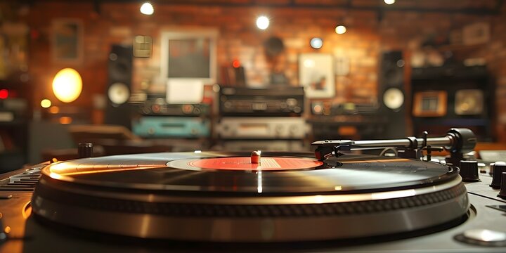Vintage jazz cafe featuring vinyl record player cozy interior and warm lighting. Concept Vintage Decor, Jazz Music, Vinyl Records, Cozy Atmosphere, Warm Lighting