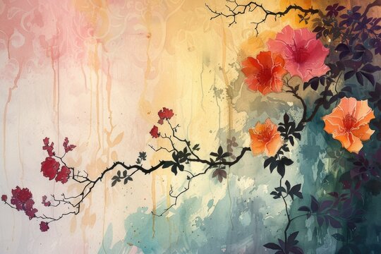 This is a beautiful watercolor painting featuring red and yellow flowers gracefully cascading downwards, creating an elegant and captivating visual effect.