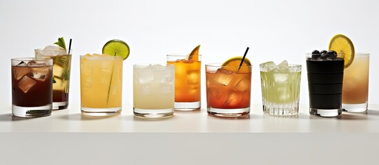 Various types of drinks like water, juice, tequila, and lemon lime bitters are neatly lined up on the table, ready to be enjoyed - obrazy, fototapety, plakaty