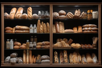 Close-up of an exquisite bakery showcase displaying freshly baked goods and pastries - obrazy, fototapety, plakaty
