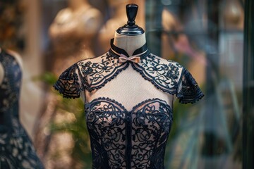 Obraz premium Elegant colorfull dress on mannequin showcasing modern fashion trends in boutique setting