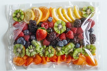 Fruit mix in vacuum plastic bag on a white background