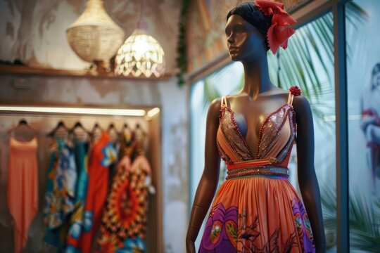 Elegant colorfull dress on mannequin showcasing modern fashion trends in boutique setting