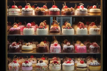 Poster Close-up of colorful and tempting bakery showcase filled with delicious freshly made baked goods © pueb
