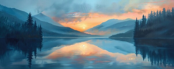 Sunset at a calm mountain lake - obrazy, fototapety, plakaty