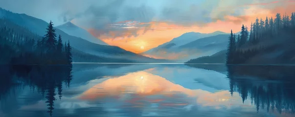 Fototapeten Sunset at a calm mountain lake © Sanych