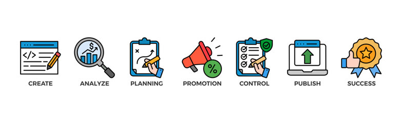 Content strategy banner web icon glyph silhouette with icon of create, analyze, planning, promotion, control, publish and success	