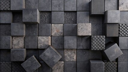 Black geometric shapes and concrete cubes wall pattern. Black wall texture background.