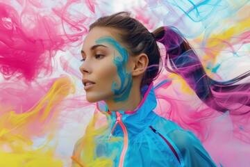 Sporty woman in a running with colorful trail