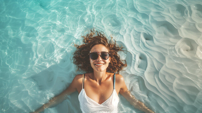 Joyful Woman Relaxing in Pool Water. aerial photo from above, of a woman wearing sunglasses