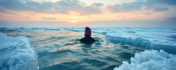 woman cold water swimming in the frozen Baltic Sea - obrazy, fototapety, plakaty