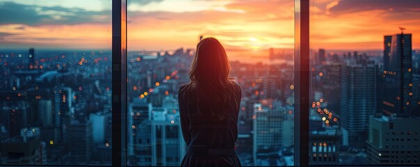 Woman contemplating cityscape through a window at sunset - obrazy, fototapety, plakaty