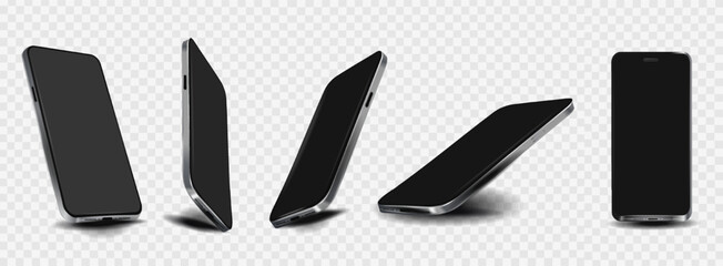 Modern stylish smartphones of a new model with blank screen on transparent background. Free collection of elegant smartphones from different angles. Modern phone mockups for presentation