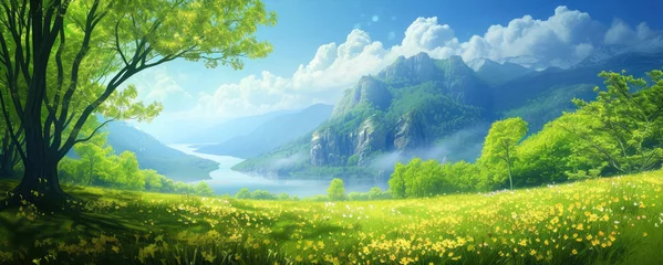 Photo sur Plexiglas Vert-citron Beautiful spring nature landscape with blooming trees. Meadow, green hills, glade with flowers on sunny day. Mountains view. Springtime. Generative ai