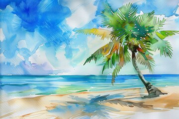 Fototapeta na wymiar Watercolor illustration of summer palm trees and tropical beach.