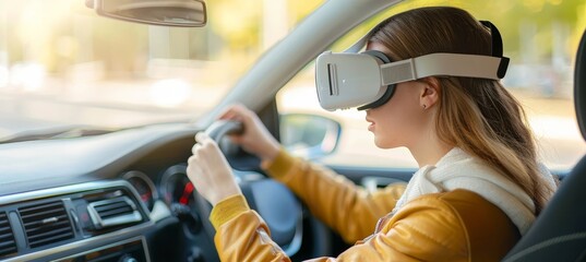 Virtual reality driving exam in car simulator with young woman at driving school