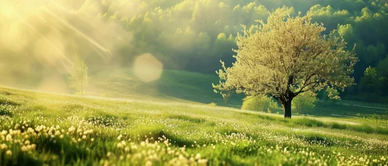 Foto op Plexiglas Beautiful spring nature landscape with blooming trees. Scenery meadow, green hills, glade with flowers on sunny day. Springtime. Generative ai  © Inai