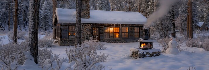 Winter cabin retreat  cozy mountain hideaway in snowy forest with glowing windows and smoke curling