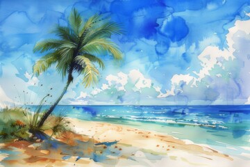 Fototapeta na wymiar Watercolor illustration of summer palm trees and tropical beach.