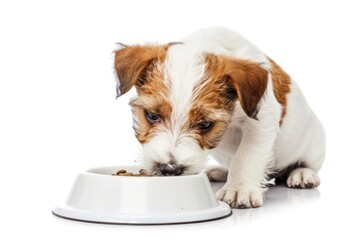 Hungry puppy dog eating food in a white bowl