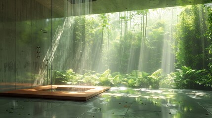 A minimalist shower area surrounded by vibrant green plants and natural light, promoting eco-living.