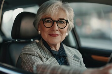 Photo portrait of lovely senior lady hold steering wheel driving lesson