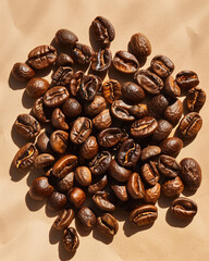 Fototapeta premium commercial stock flat lay photo of jojoba beans against light tan background сreated with Generative Ai
