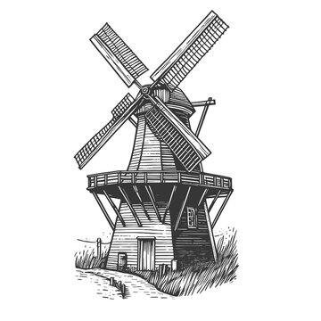 traditional windmill in a pastoral setting, depicted in an engraved style. Sketch engraving generative ai raster illustration. Scratch board imitation. Black and white image.