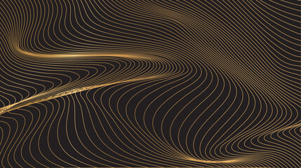 Abstract wavy golden background. Golden waves on a black background. Gold stripes