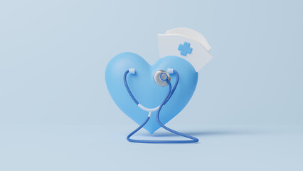 International nurse day, medical help and care concept, happy nurses day on earth with stethoscope to mark the contributions that nurses make to society, copy space for text, 3d rendering illustration - Powered by Adobe