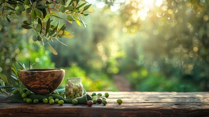 wooden table with bowl of olives on olive trees background with sunlights, outdoors, eco scene for...