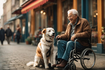 Disabled old man in a wheelchair with a dog - 761386537