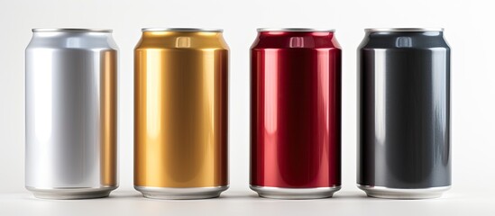 Four aluminum cans in different colors are displayed in a row on a table. These cylindrical drinkware containers hold liquid, with various tints and shades enhancing their sleek rectangle design