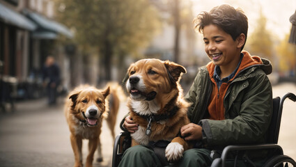 Disabled teenager boy in a wheelchair hugs a dog - 761386553