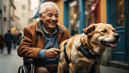 Disabled old man in a wheelchair with a dog - obrazy, fototapety, plakaty