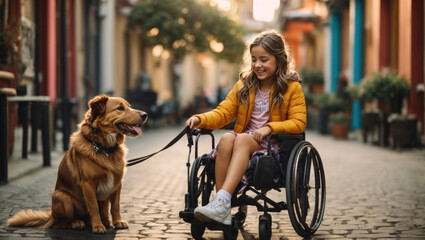 Disabled teenager girl in a wheelchair with a dog - 761386563