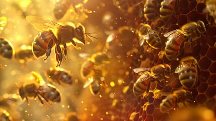 A dynamic scene inside a bee hive showing the queen bee at the center, her body marked with a distinctive dot, as she moves among her worker bees. 
