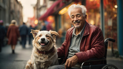 Disabled old man in a wheelchair hugs a dog - 761386569