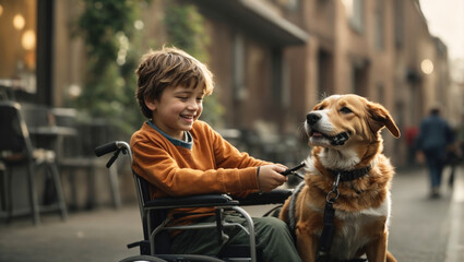Disabled teenager boy in a wheelchair with a dog