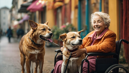 Disabled old lady in a wheelchair hugs dogs