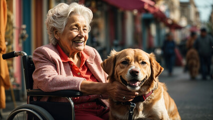 Disabled old lady in a wheelchair hugs a dog - 761386596