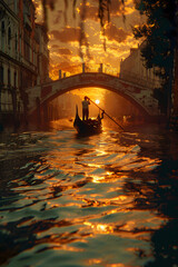Man in boat at dusk on canal in gondola, with sunlight reflecting on water
