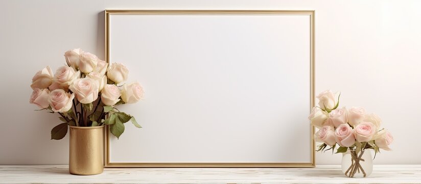 A rectangular picture frame sits on a shelf next to a vase of flowers. The colorful petals contrast beautifully with the art on display