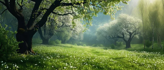 Foto op Aluminium Beautiful spring nature landscape with blooming trees. Meadow, green hills, glade with flowers on sunny day. Generative ai  © Inai