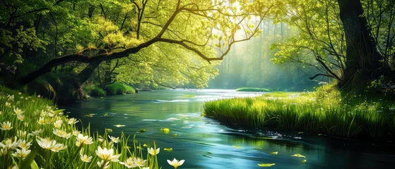 Tuinposter Beautiful spring nature landscape with view on river or lake. Meadow, green hills, glade with flowers on sunny day. Springtime. Summertime. Generative ai © Inai