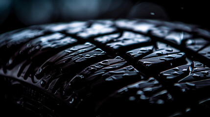 Close-up view of a wet tire tread, ideal for automotive themes.